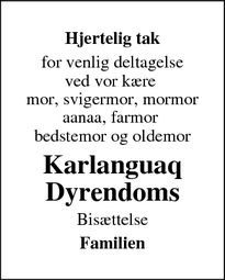 Taksigelsen for Karlanguaq Dyrendoms - Brabrand