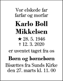 Dødsannoncen for Karlo Boll Mikkelsen - Ilskov