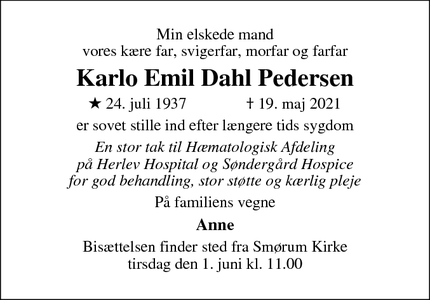 Dødsannoncen for Karlo Emil Dahl Pedersen - Smørum