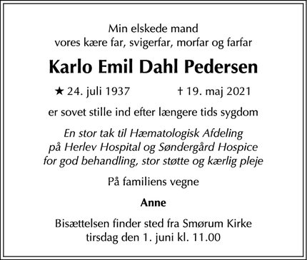 Dødsannoncen for Karlo Emil Dahl Pedersen - Smørum