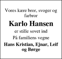 Dødsannoncen for Karlo Hansen - Horne