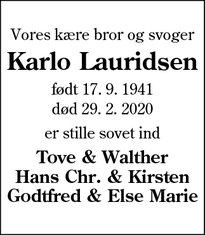 Dødsannoncen for Karlo Lauridsen - Lydum