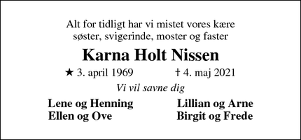 Dødsannoncen for Karna Holt Nissen - Vejen