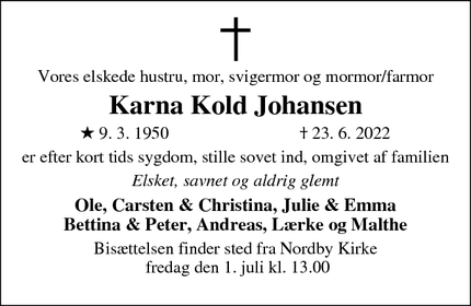 Dødsannoncen for Karna Kold Johansen - Nordby Fanø