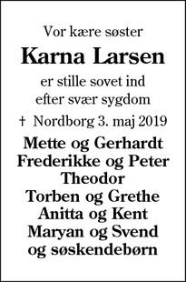 Dødsannoncen for Karna Larsen - Nordborg