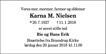 Dødsannoncen for Karna M. Nielsen - Jordrup