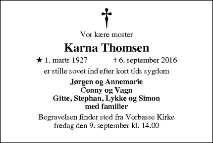 Dødsannoncen for Karna Thomsen - Vorbasse