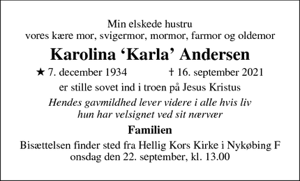 Dødsannoncen for Karolina ‘Karla’ Andersen - Nykøbing Falster