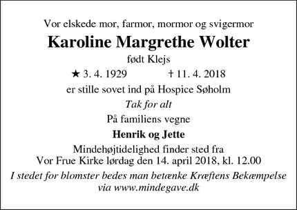 Dødsannoncen for Karoline Margrethe Wolter - PwC, Jens Chr. Skous Vej 1, 8000 Aarhus
