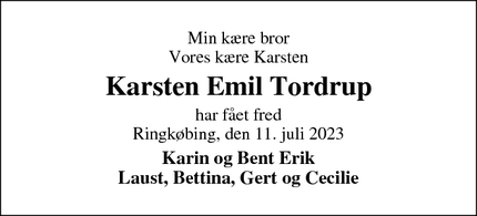 Dødsannoncen for Karsten Emil Tordrup - Ringkøbing