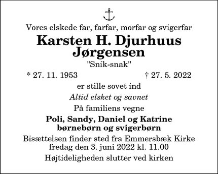 Dødsannoncen for Karsten H. Djurhuus
Jørgensen - Hirtshals