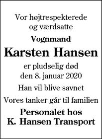 Dødsannoncen for Karsten Hansen - Vejen
