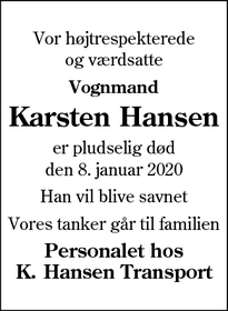 Dødsannoncen for Karsten Hansen - Vejen