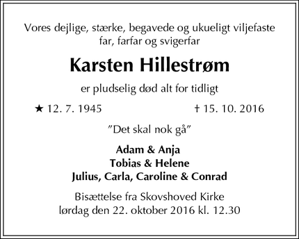 Dødsannoncen for Karsten Hillestrøm - Charlottenlund