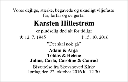 Dødsannoncen for Karsten Hillestrøm - Charlottenlund