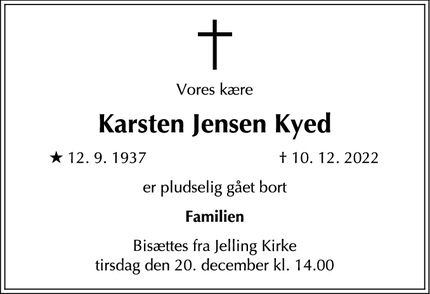 Dødsannoncen for Karsten Jensen Kyed - Frederiksberg C