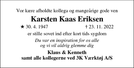 Dødsannoncen for Karsten Kaas Eriksen - Horsens