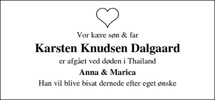 Dødsannoncen for Karsten Knudsen Dalgaard - Flekkefjord, Norge