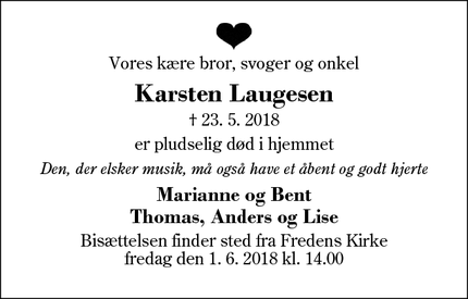 Dødsannoncen for Karsten Laugesen - Herning