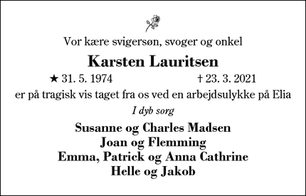Dødsannoncen for Karsten Lauritsen - Timring