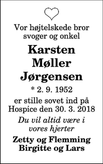 Dødsannoncen for Karsten Møller Jørgensen - Rakkeby