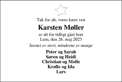 Dødsannoncen for Karsten Møller - Lem