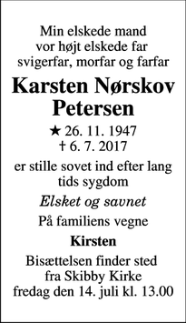 Dødsannoncen for Karsten Nørskov Petersen - Skibby