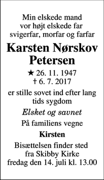 Dødsannoncen for Karsten Nørskov Petersen - Skibby