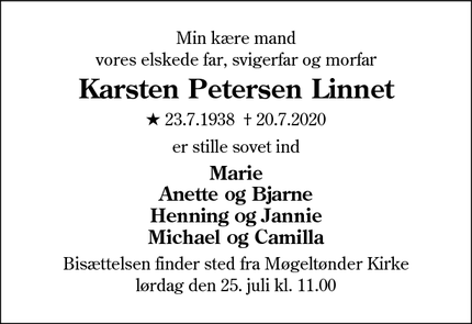 Dødsannoncen for Karsten Petersen Linnet - Møgeltønder