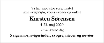 Dødsannoncen for Karsten Sørensen - Vildbjerg