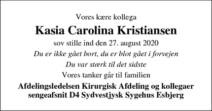 Dødsannoncen for Kasia Carolina Kristiansen - Esbjerg
