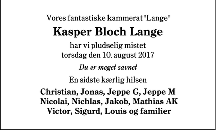 Dødsannoncen for Kasper Bloch Lange - Tjæreborg