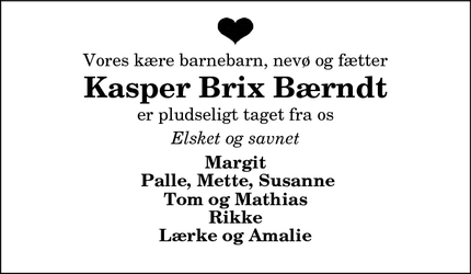 Dødsannoncen for Kasper Brix Bærndt - Hjørring