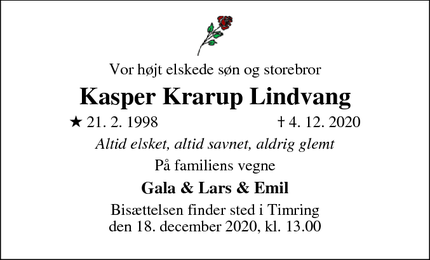 Dødsannoncen for Kasper Krarup Lindvang - Svendborg
