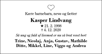 Dødsannoncen for Kasper Lindvang - Timring
