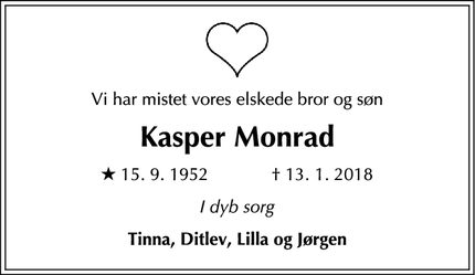 Dødsannoncen for Kasper Monrad - Brønshøj