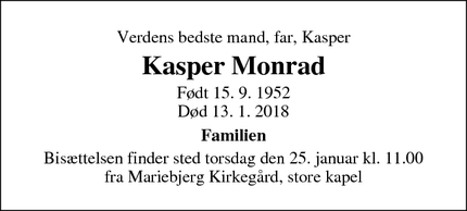 Dødsannoncen for Kasper Monrad - Copenhagen, Denmark