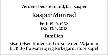 Dødsannoncen for Kasper Monrad - Copenhagen, Denmark