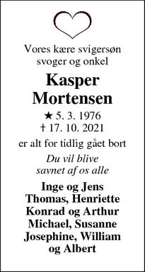 Dødsannoncen for Kasper
Mortensen - Engesvang