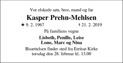 Dødsannoncen for Kasper Prehn-Mehlsen - Erritsø