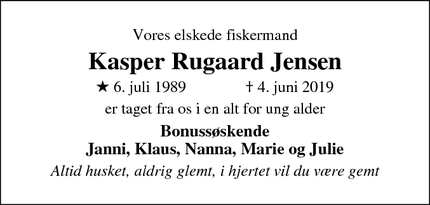 Dødsannoncen for Kasper Rugaard Jensen - odense sø
