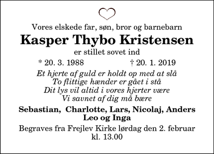Dødsannoncen for Kasper Thybo Kristensen - København
