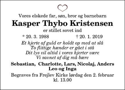 Dødsannoncen for Kasper Thybo Kristensen - København