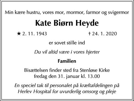 Dødsannoncen for Kate Biørn Heyde - Stenløse