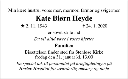 Dødsannoncen for Kate Biørn Heyde - Stenløse