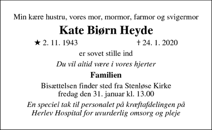 Dødsannoncen for Kate Biørn Heyde - Stenløse