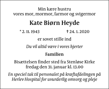 Dødsannoncen for Kate Biørn Heyde - Stenløse