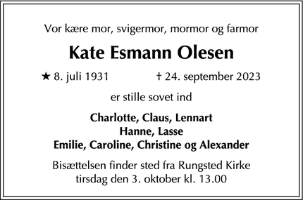 Dødsannoncen for Kate Esmann Olesen - Vedbæk