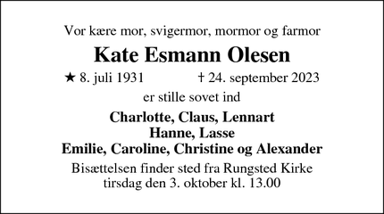 Dødsannoncen for Kate Esmann Olesen - Vedbæk