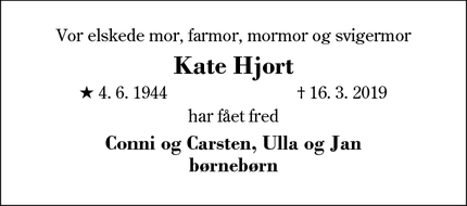 Dødsannoncen for Kate Hjort - Søborg
